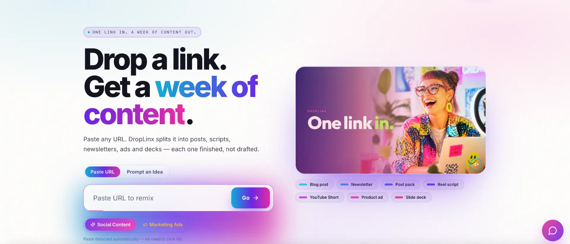 DropLinx landing page: paste a URL and get a week of content across seven formats